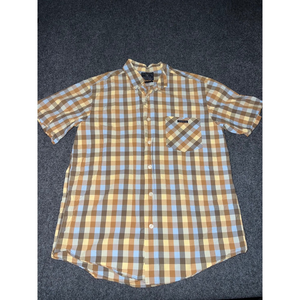 Lucky Brand‎ Mens Medium Short Sleeve Plaid Button Down Shirt Brown Blue Cotton